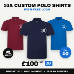 10 x Workwear Polo Shirts | Embroidered or Printed Logo | Free Setup & Delivery