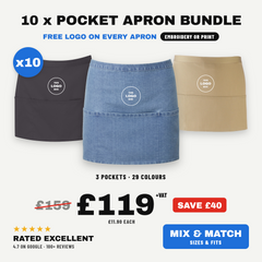 10 x Branded Waist Aprons with Your Logo | 3 Pocket | Embroidered or Printed