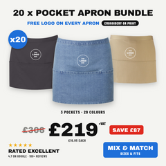 20 x Staff Waist Aprons with Logo | Bulk Bar & Restaurant Bundle | 3 Pocket