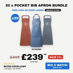 20 x Staff Bib Aprons with Logo | Bulk Café & Restaurant Bundle | Adjustable Neck