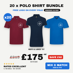 20 x Staff Polo Shirts with Logo | Bulk Team Bundle | Men's & Ladies'