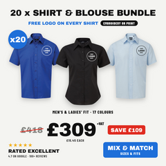 20 x Staff Shirts & Blouses with Embroidered Logo | Bulk Team Bundle | Men's & Ladies'